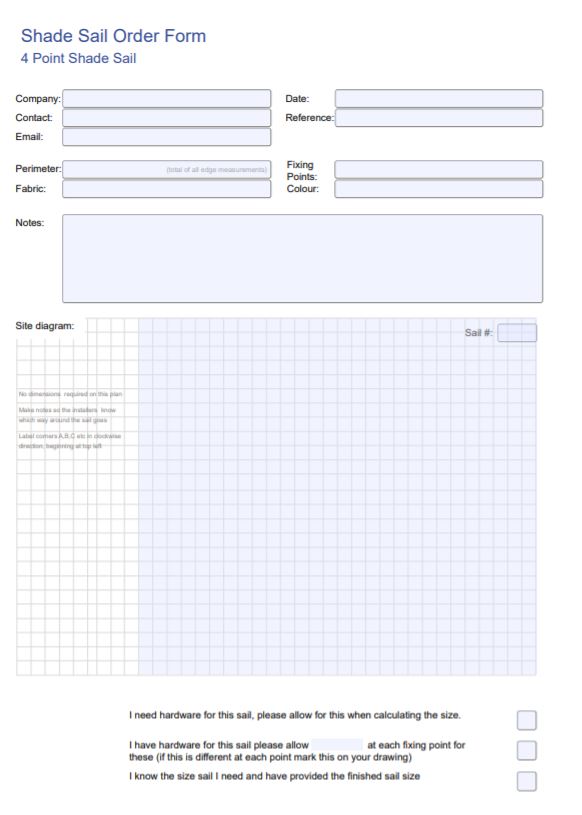 Order Form for a Four Point Shade Sail